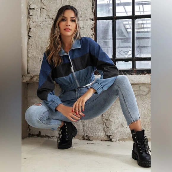 SHEIN • Cut And Sew Zip Up Crop Denim Jacket - Picture 1 of 9